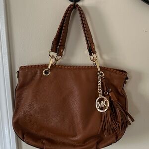 Michael Kors Cognac Leather Shoulder Bag with Tassel and MK Logo Charm